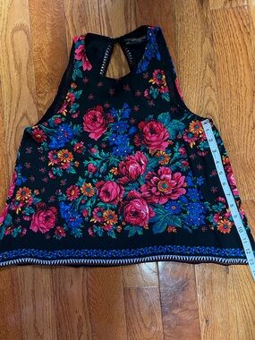 Zara Black Floral Racerback Tank with Pink & Blue Blooms